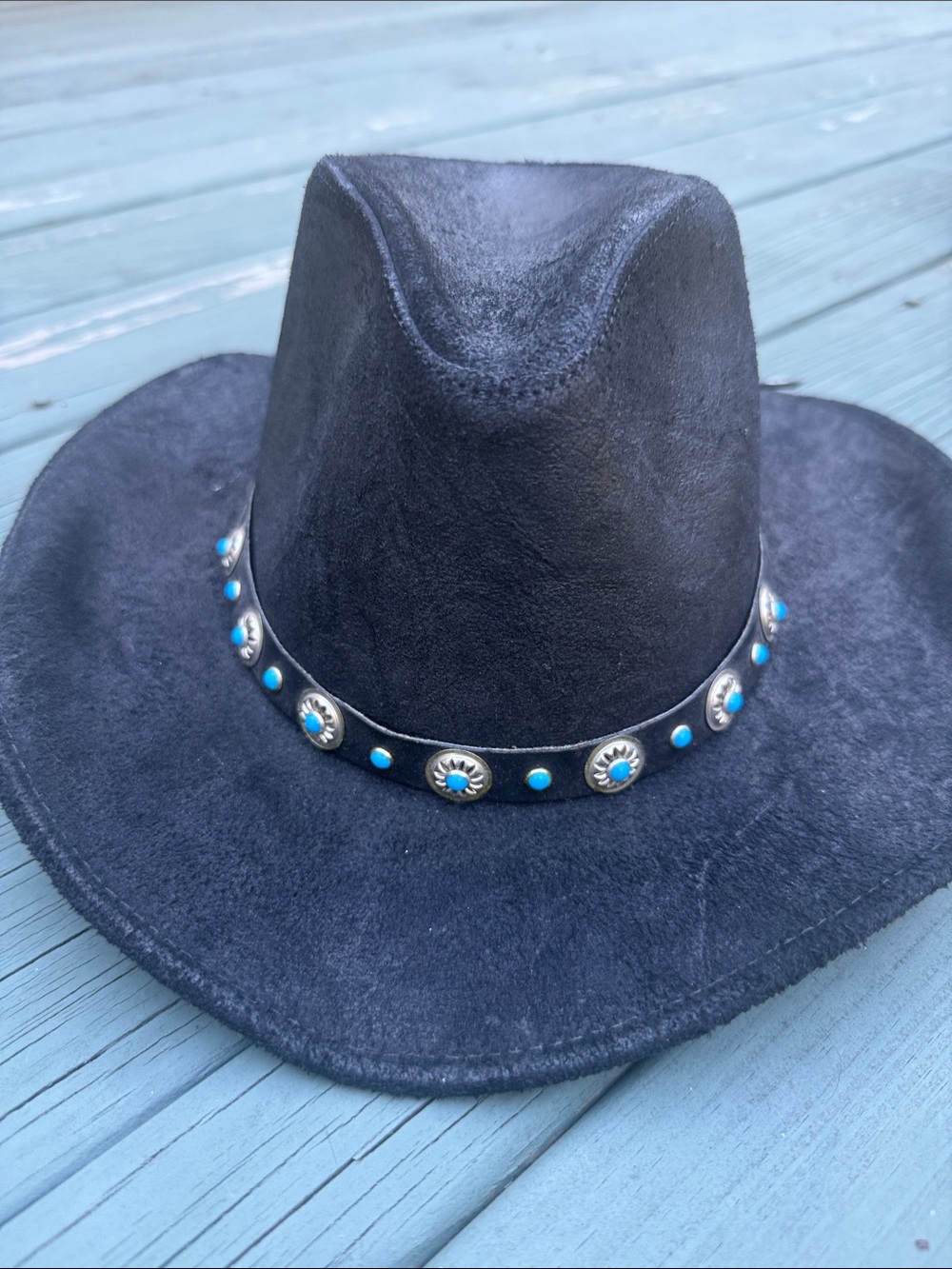 Black Western Genuine Leather with Turquoise like Concho Band